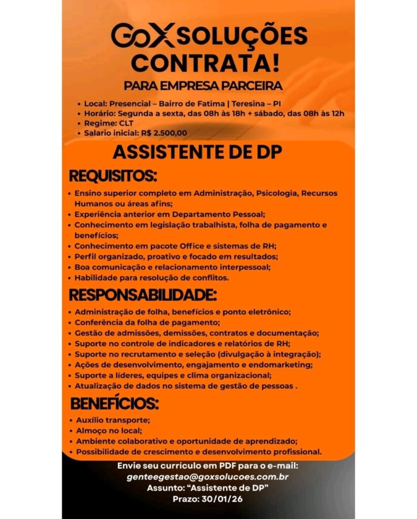 Vaga de emprego para Assistente de DP
