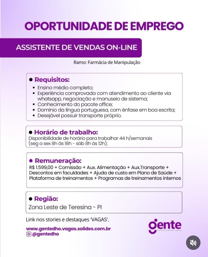 Vaga de emprego para Assistente de Vendas On-line