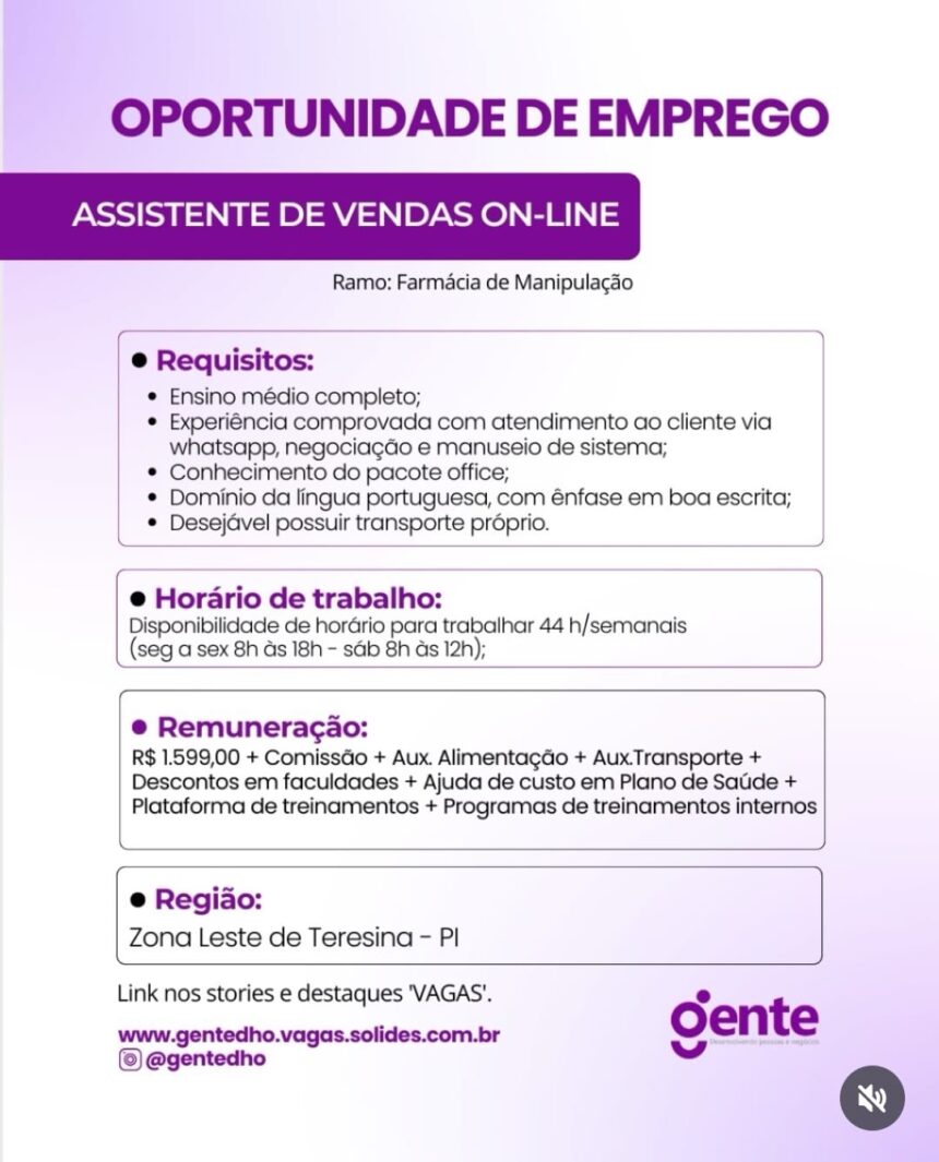 Vaga de emprego para Assistente de Vendas On-line