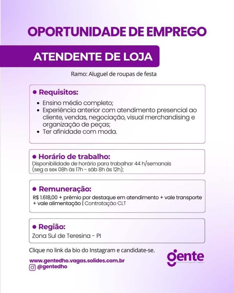 Vaga de emprego para Atendente de Loja
