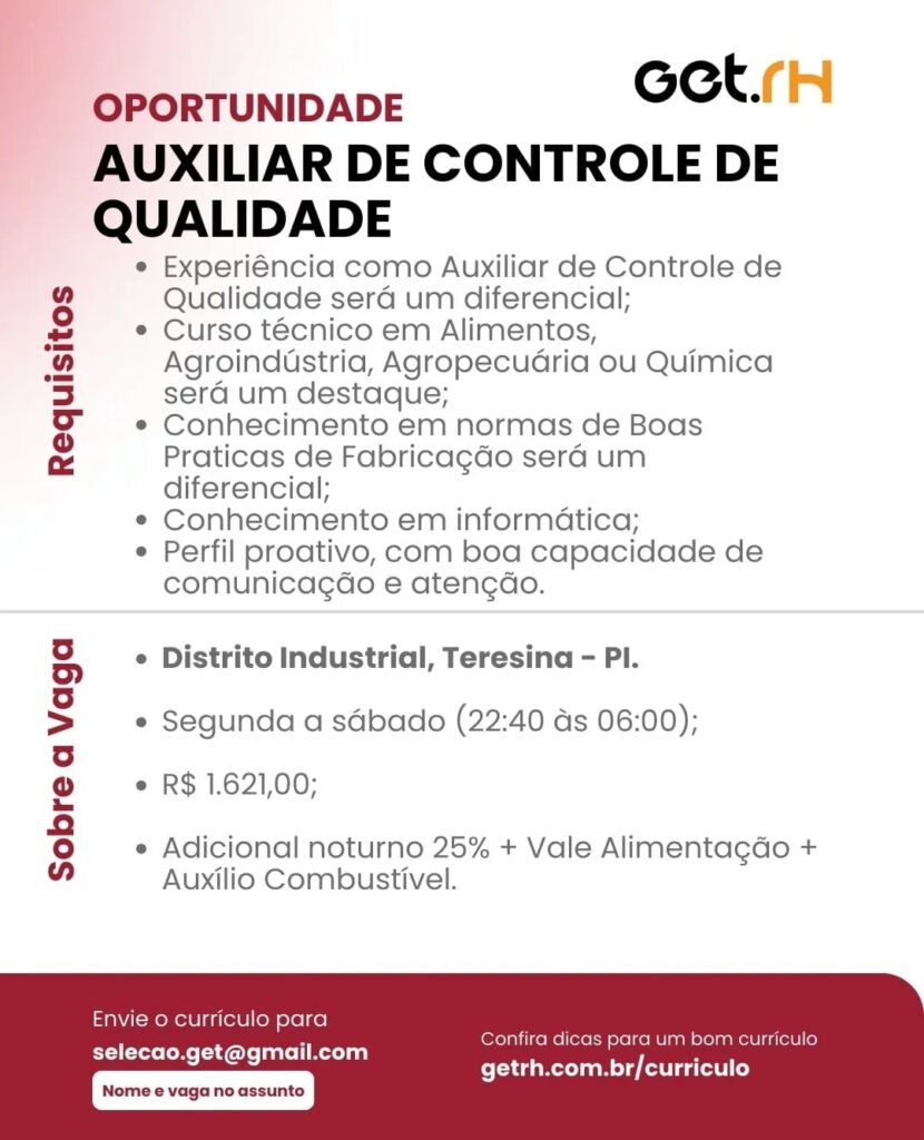 Vaga de emprego para Auxiliar de Controle de Qualidade