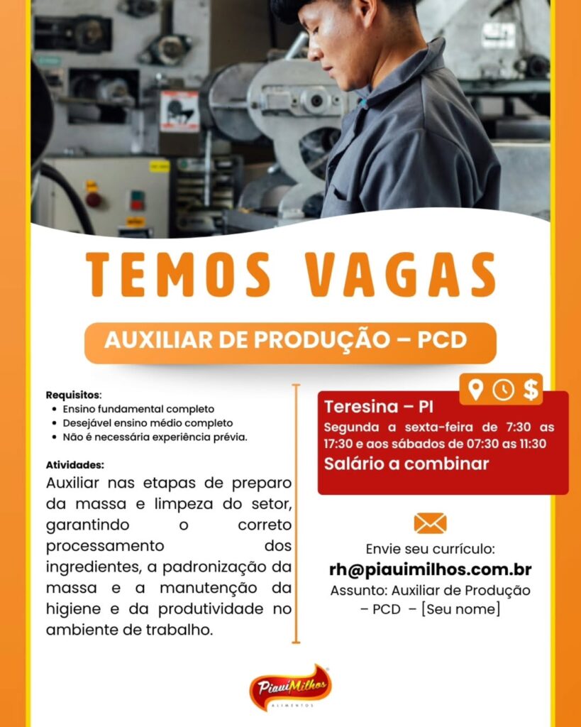 Vaga de emprego para Auxiliar de Produção (PCD)
