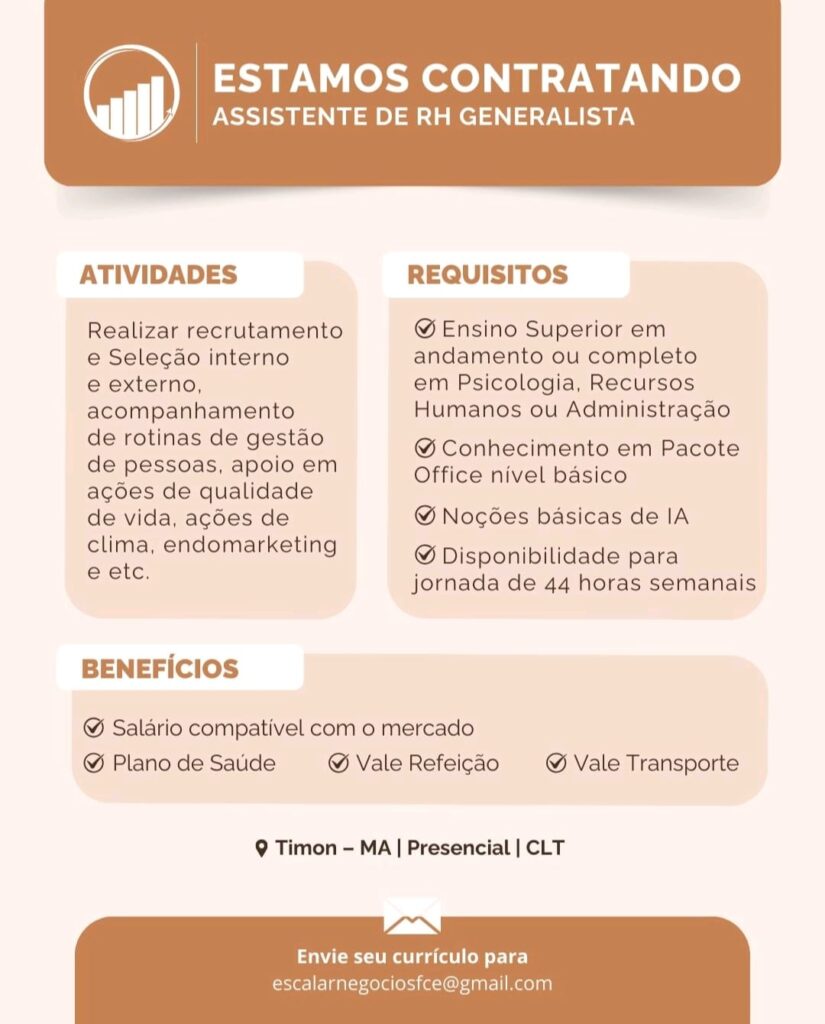 Vaga de emprego para Auxiliar de RH Generalista em Timon