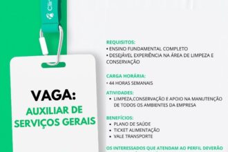 Vaga de emprego para Auxiliar de Serviços Gerais