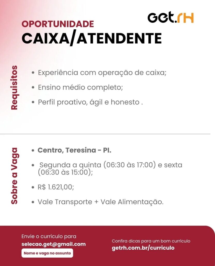 Vaga de emprego para Caixa/Atendente