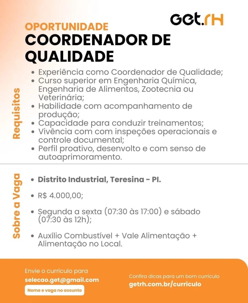 Vaga de emprego para Coordenador de Qualidade