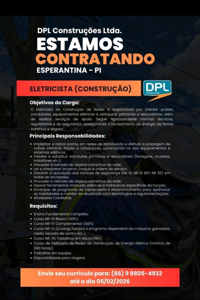 Vaga de emprego para Eletricista (Construção) em Esperantina
