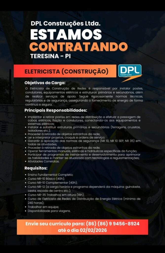 Vaga de emprego para Eletricista (Construção) em Teresina
