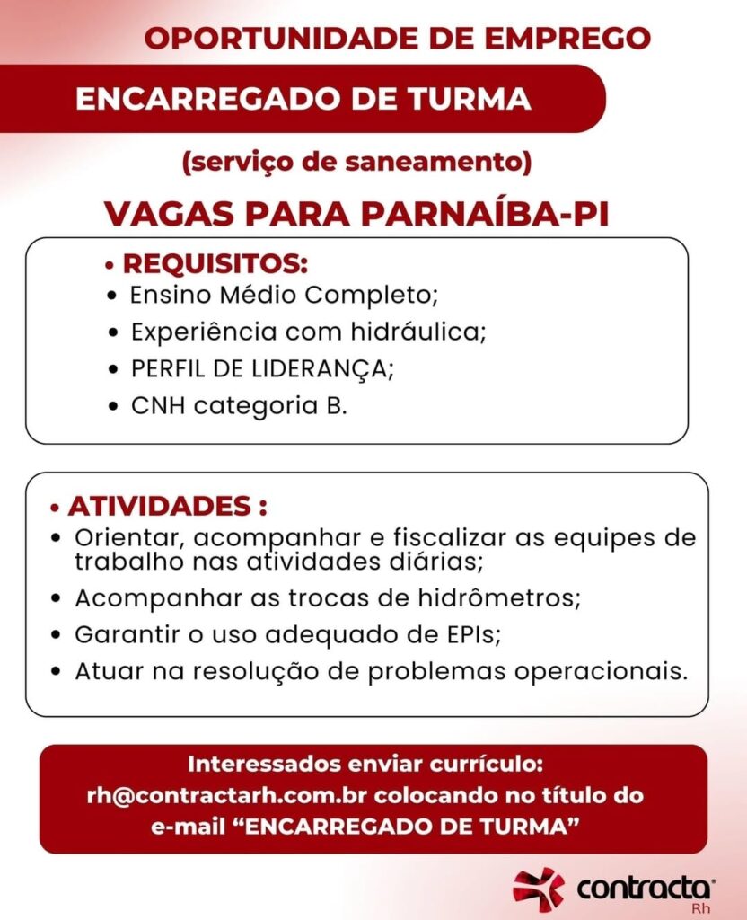 Vaga de emprego para Encarregado de Equipe em Parnaíba