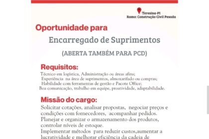 Vaga de emprego para Encarregado de Suprimentos