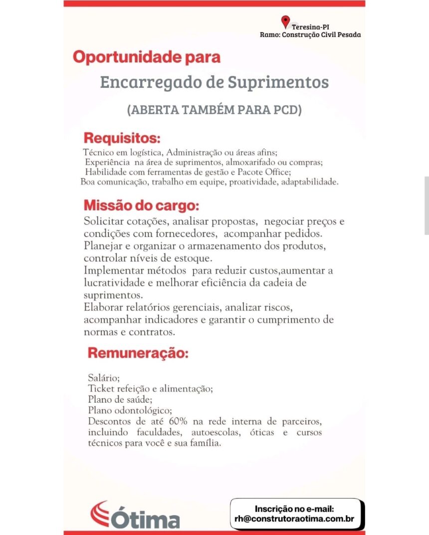 Vaga de emprego para Encarregado de Suprimentos