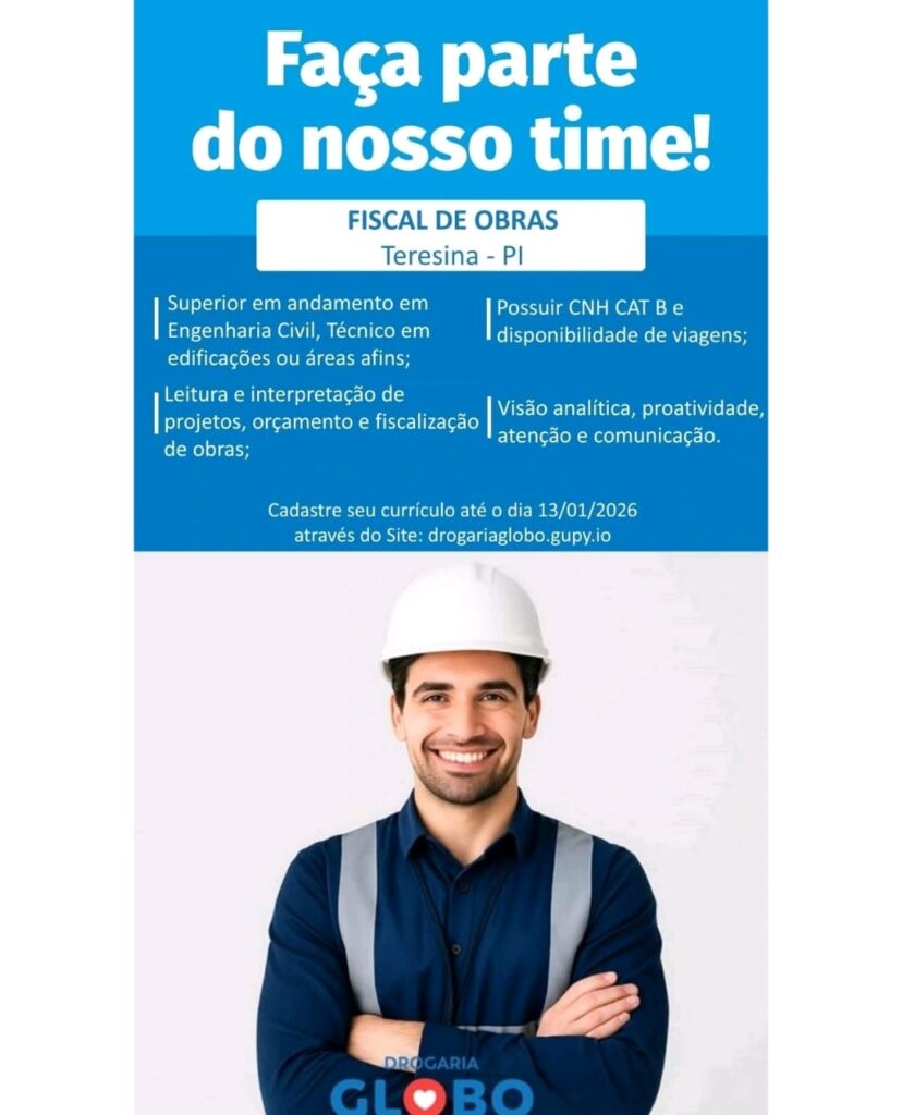 Vaga de emprego para Fiscal de Obras
