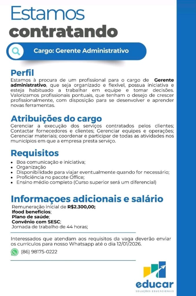 Vaga de emprego para Gerente Administrativo