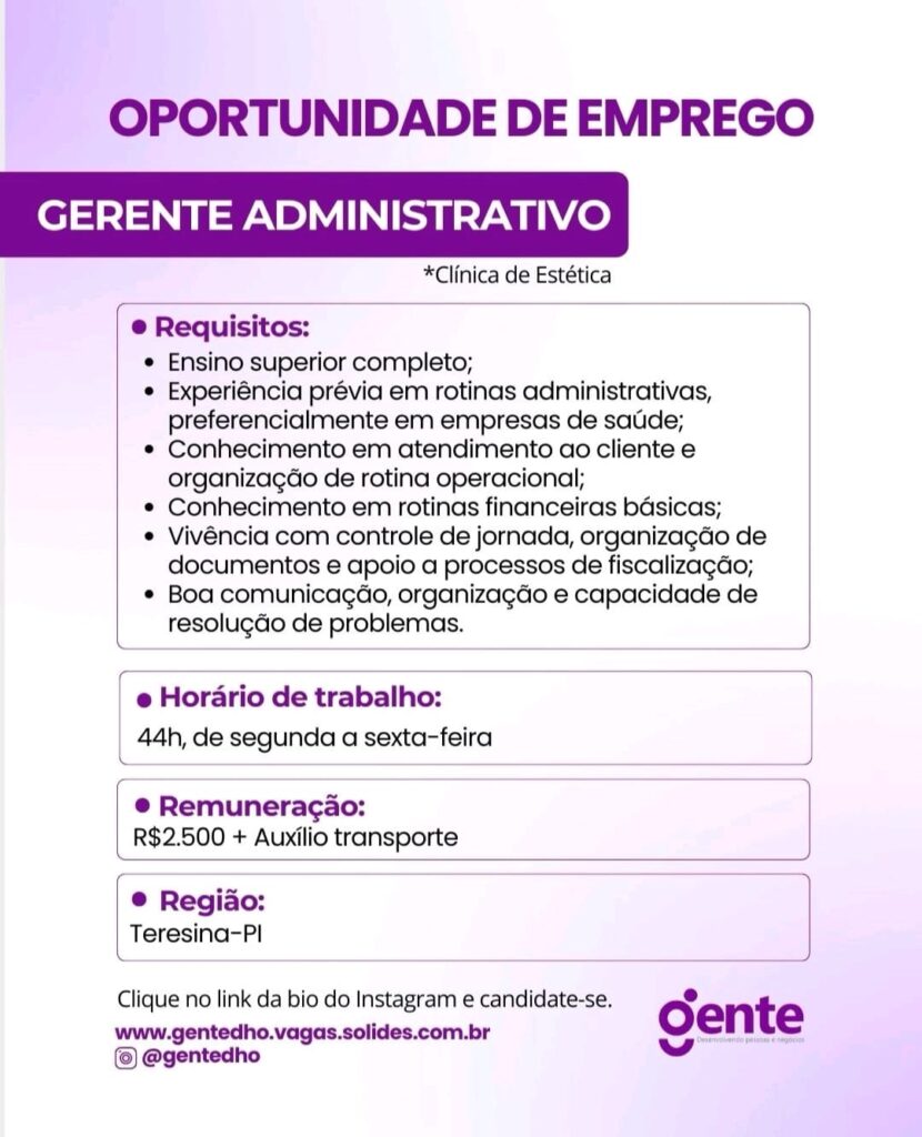 Vaga de emprego para Gerente Administrativo (Clínica)