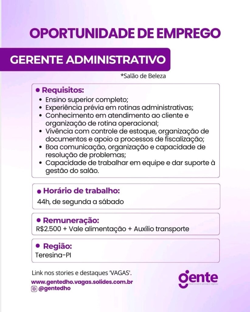 Vaga de emprego para Gerente Administrativo (Salão)