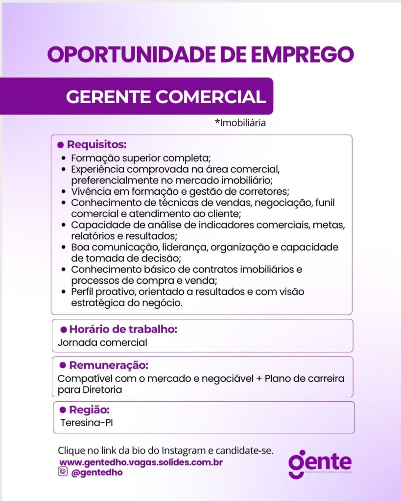 Vaga de emprego para Gerente Comercial 