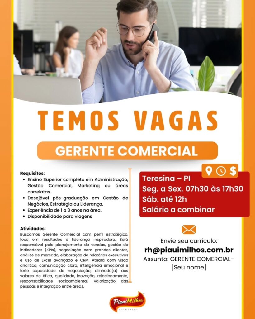 Vaga de emprego para Gerente Comercial