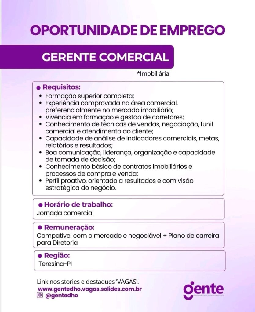 Vaga de emprego para Gerente Comercial