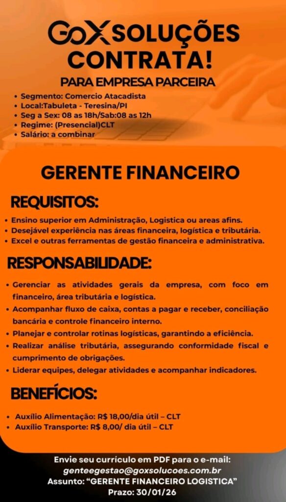 Vaga de emprego para Gerente Financeiro