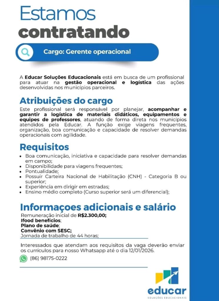 Vaga de emprego para Gerente Operacional