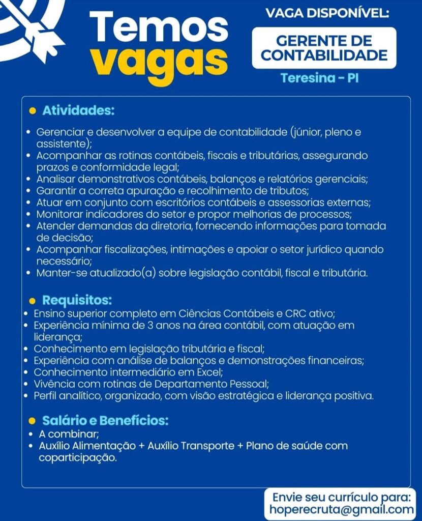 Vaga de emprego para Gerente de Contabilidade