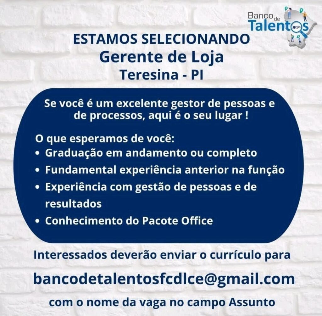 Vaga de emprego para Gerente de Loja