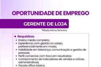 Vaga de emprego para Gerente de Loja