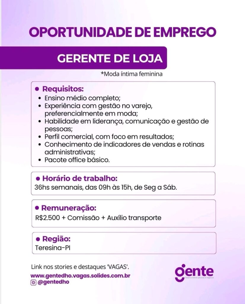 Vaga de emprego para Gerente de Loja