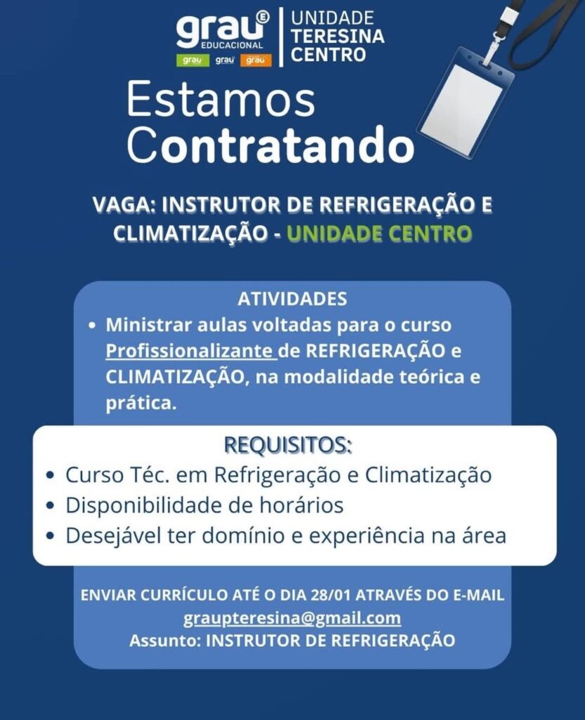 Vaga de emprego para Instrutor de Refrigeração e Climatização