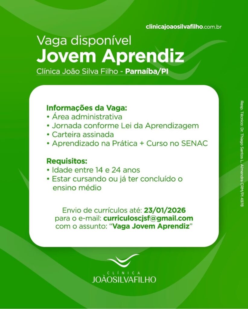 Vaga de emprego para Jovem Aprendiz em Parnaíba