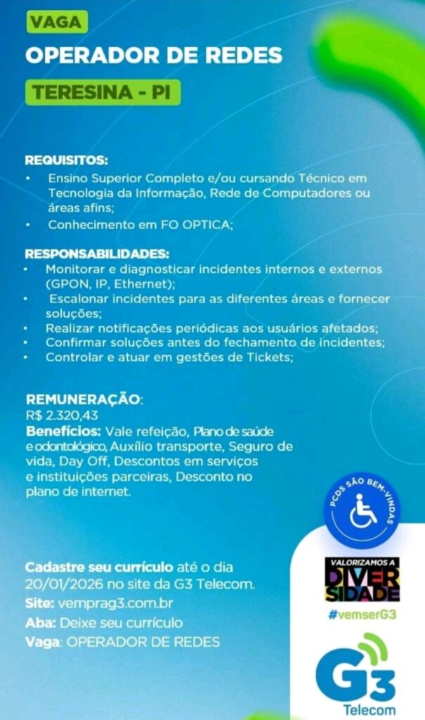 Vaga de emprego para Operador de Redes