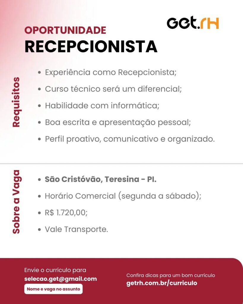 Vaga de emprego para Recepcionista