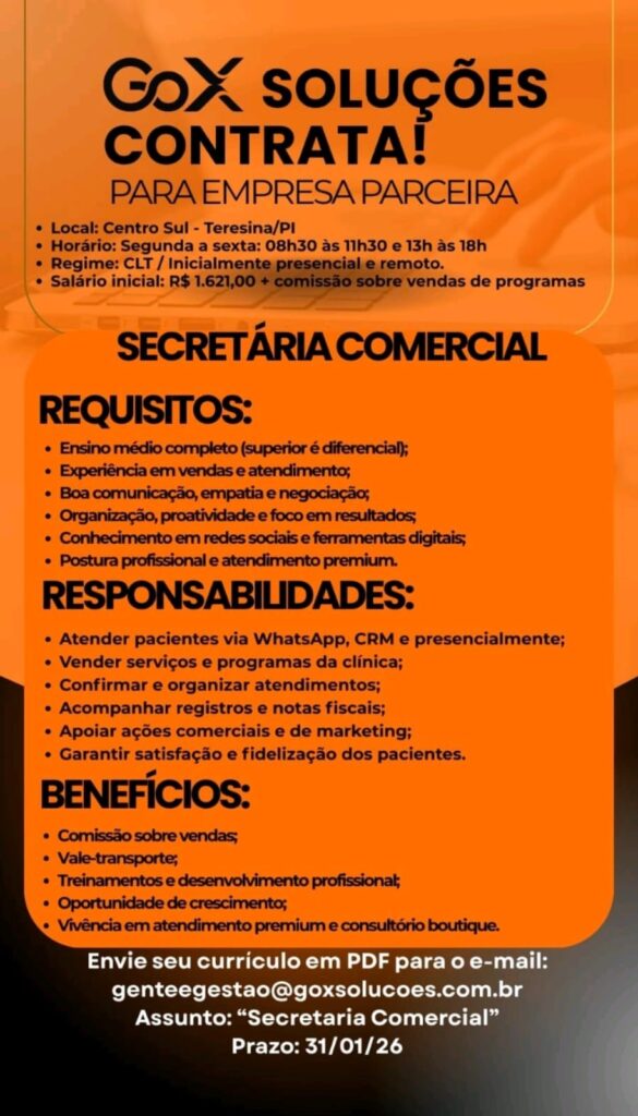 Vaga de emprego para Secretária Comercial