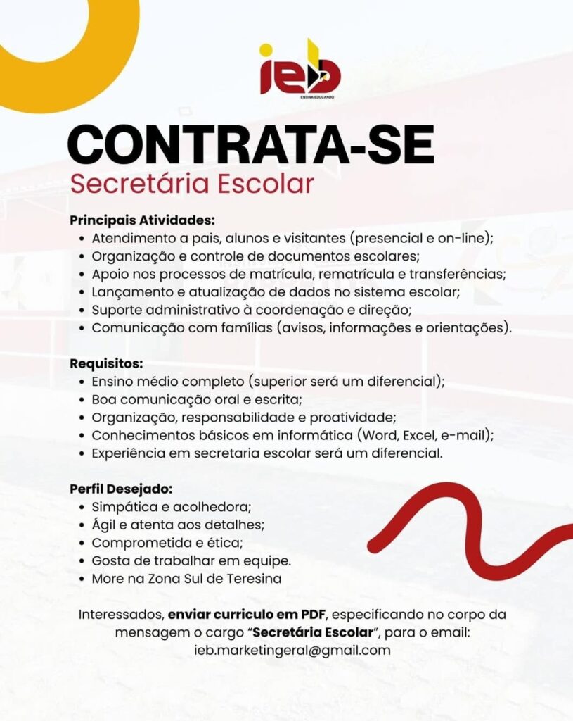 Vaga de emprego para Secretária Escolar