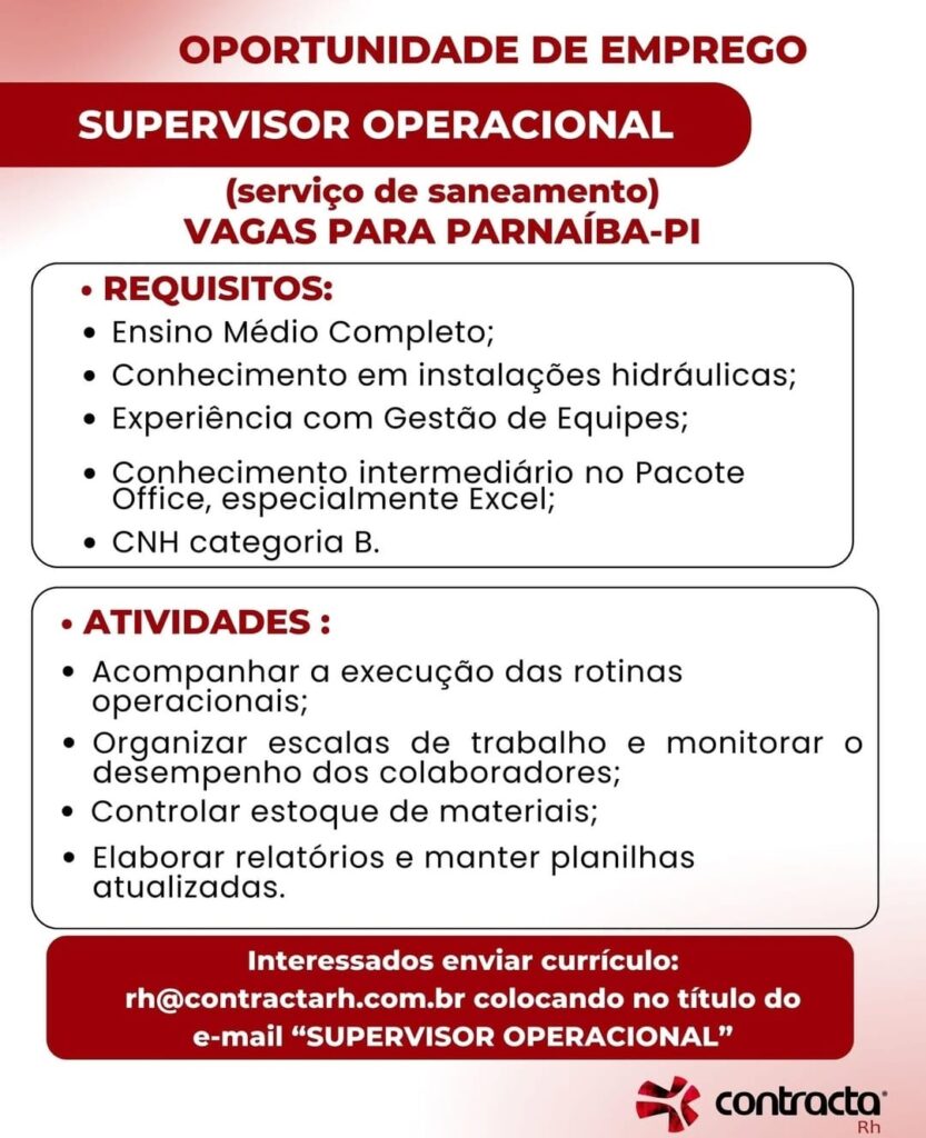 Vaga de emprego para Supervisor Operacional em Parnaíba