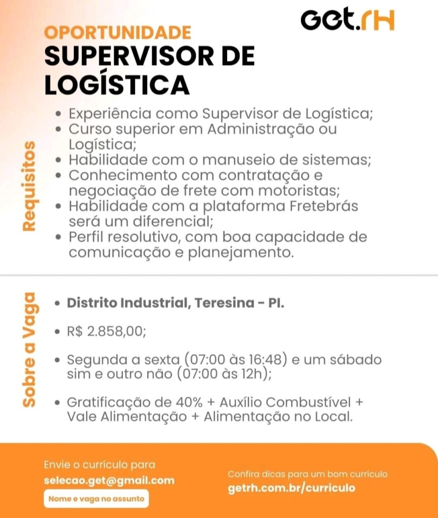 Vaga de emprego para Supervisor de Logística