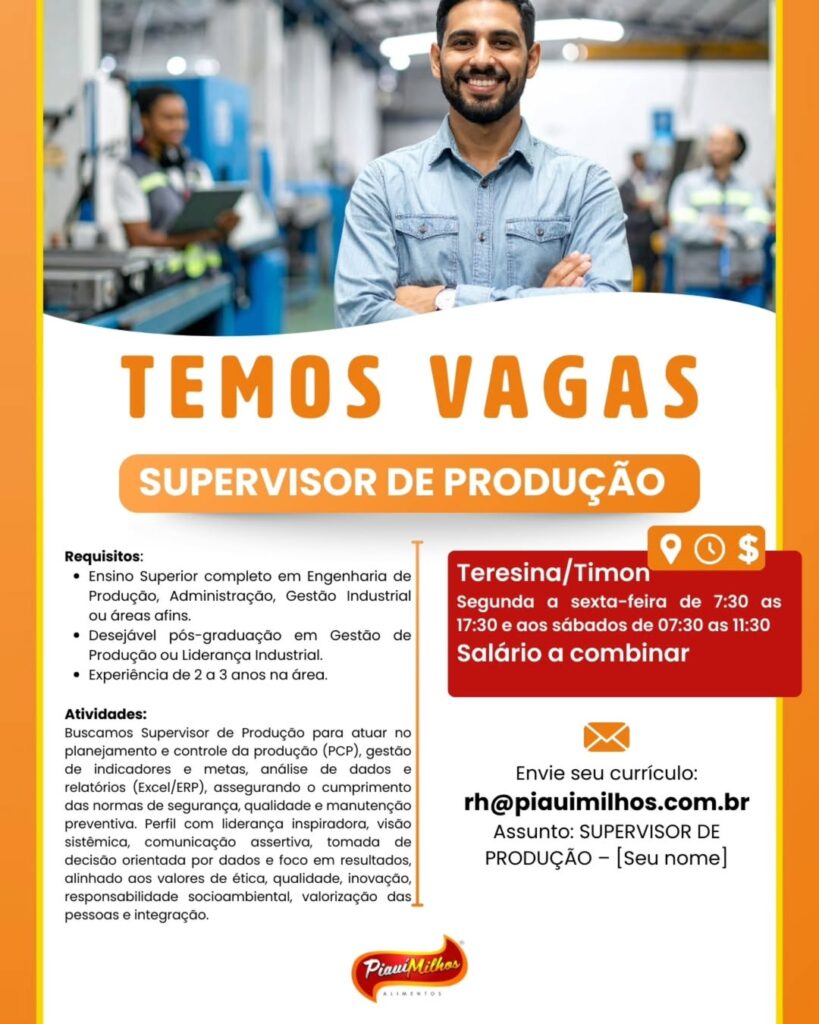 Vaga de emprego para Supervisor de Produção Teresina/Timon