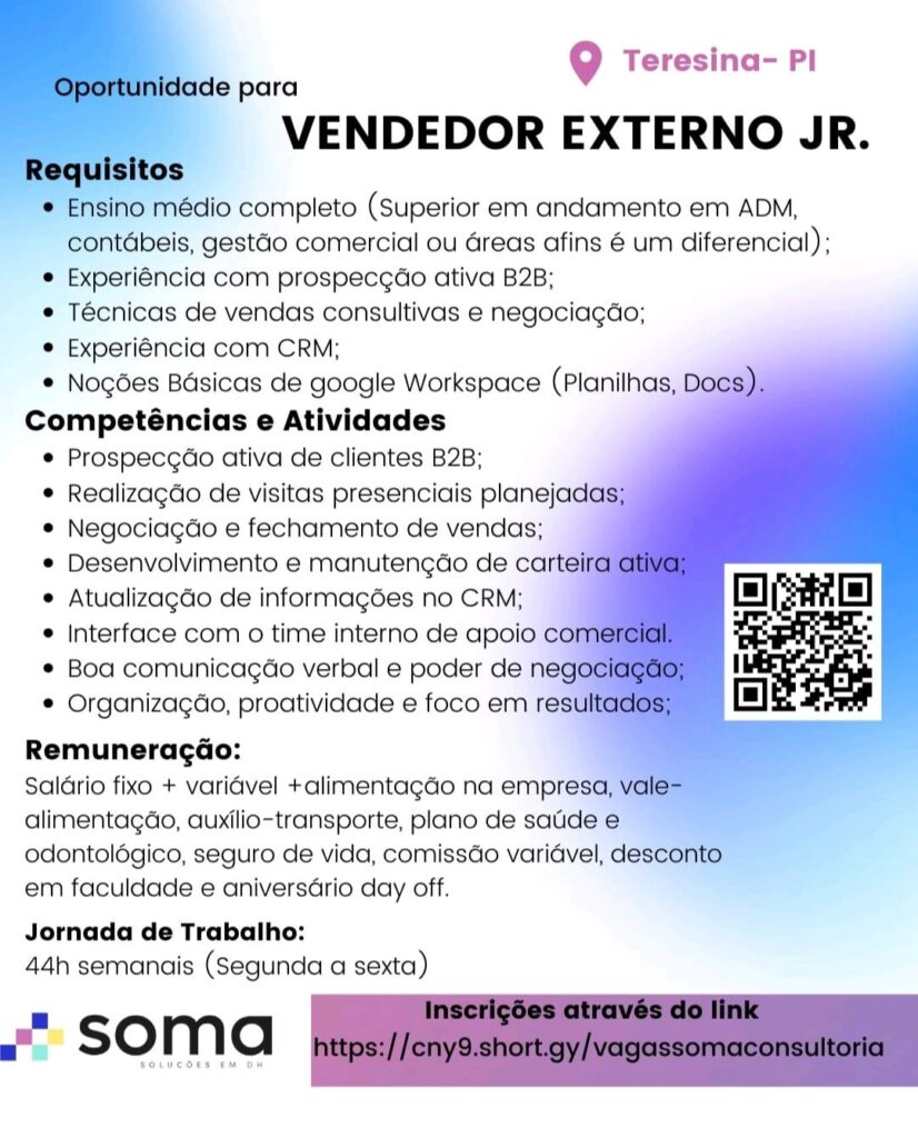Vaga de emprego para Vendedor Externo Jr