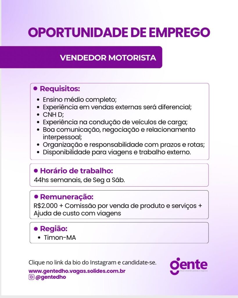 Vaga de emprego para Vendedor Motorista em Timon