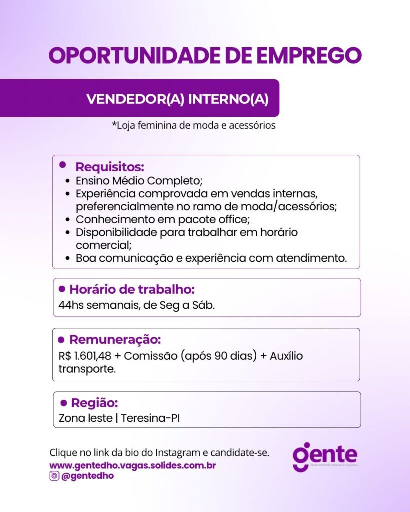 Vaga de emprego para Vendedor(a) Interno(a)