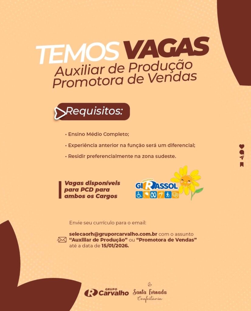 Vagas de emprego para Auxiliar de Produção e Promotora de Vendas