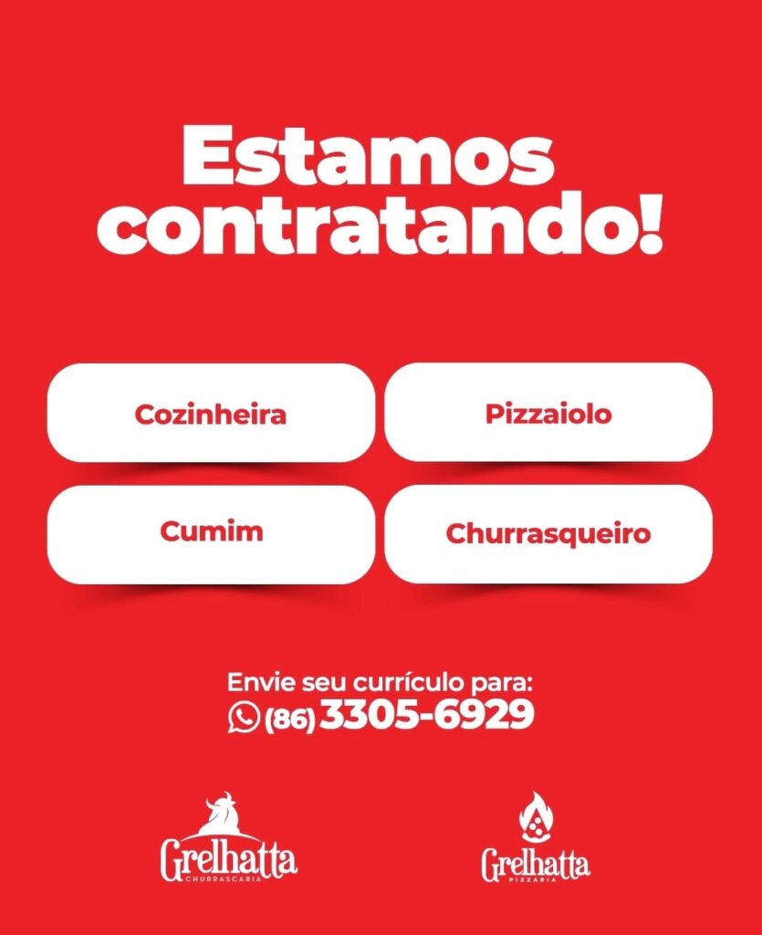 Vagas de emprego para Cozinheira, Pizzaiolo, Cumim e Churrasqueiro