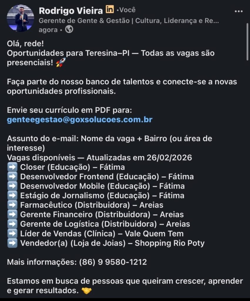 Diversas vagas de emprego