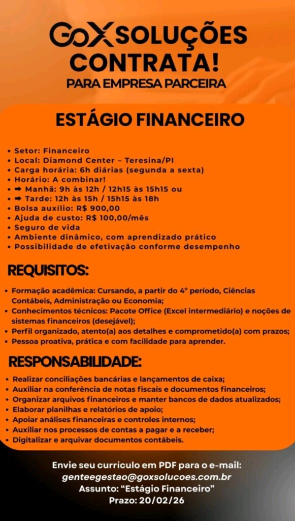 Vaga de Estágio para Financeiro
