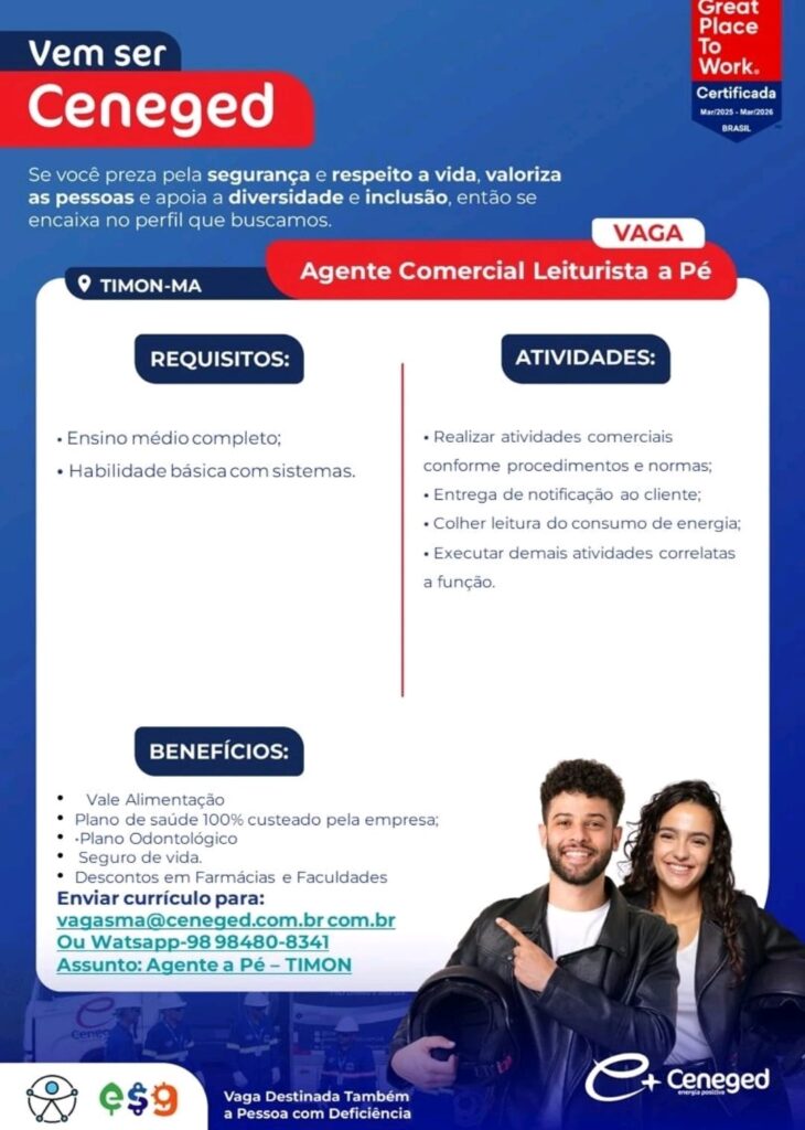 Vaga de emprego para Agente Comercial Leiturista a Pé