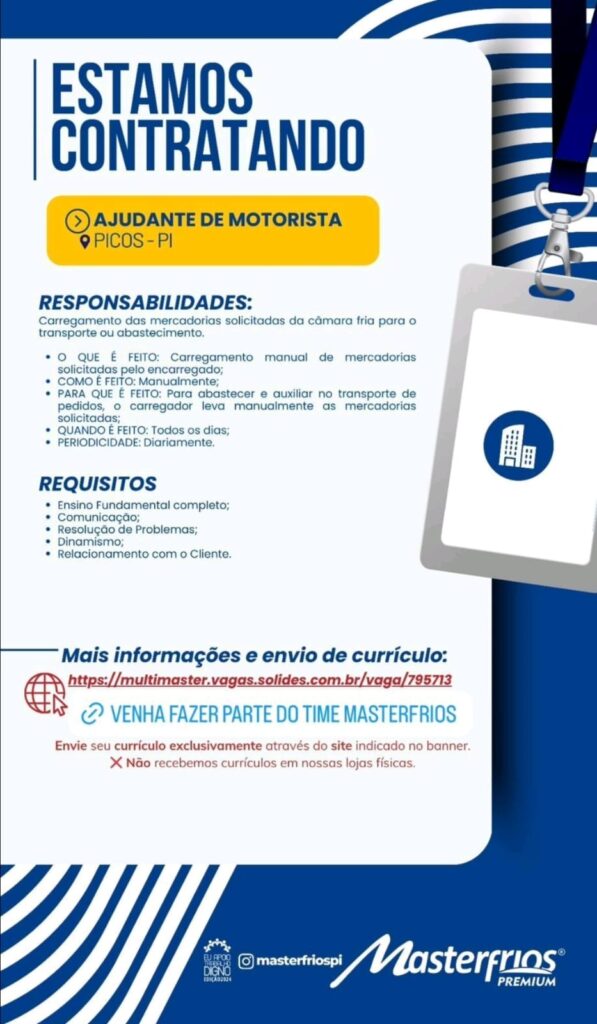 Vaga de emprego para Ajudante de Motorista