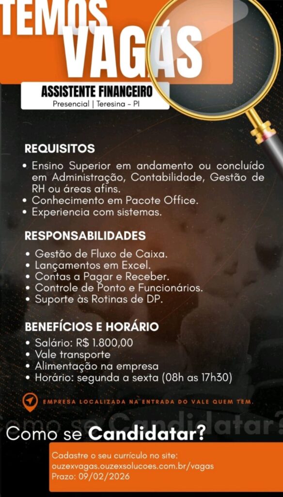Vaga de emprego para Assistente Financeiro 