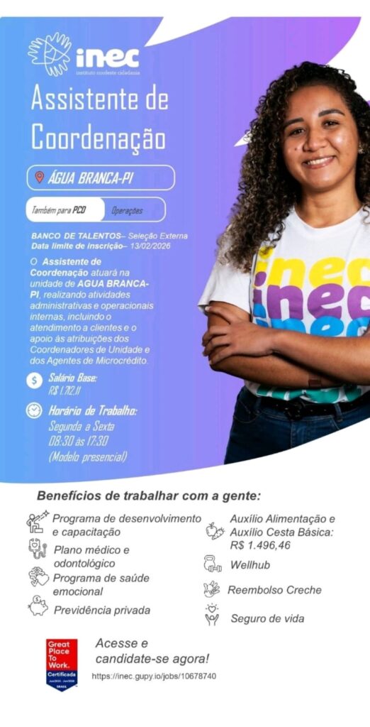 Vaga de emprego para Assistente de Coordenação em Água Branca