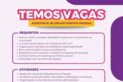 Vaga de emprego para Assistente de DP