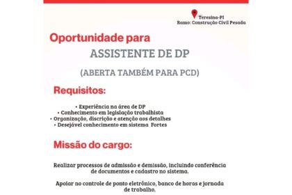 Vaga de emprego para Assistente de DP